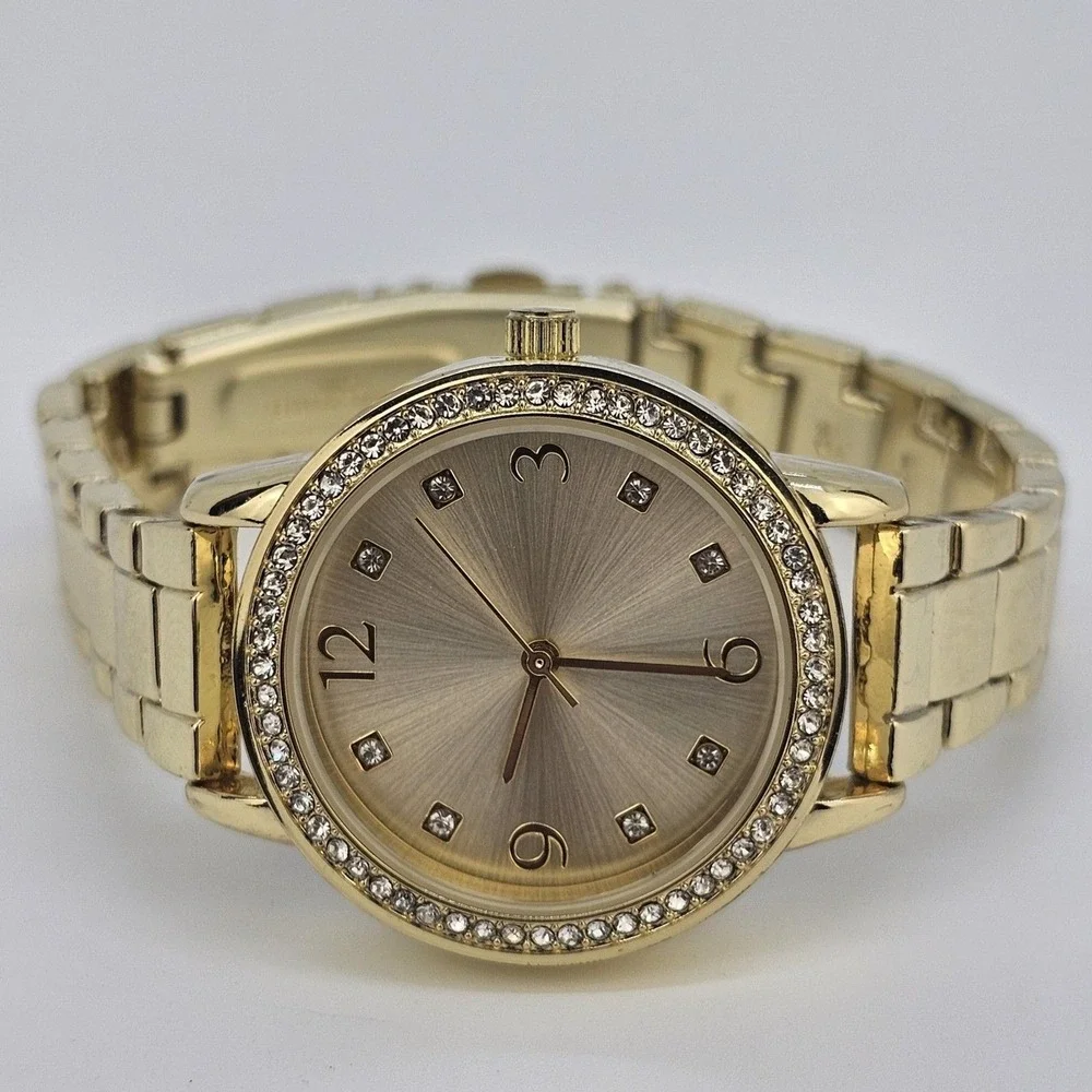 32MM Women's Watch Gold Dial Crystal Bezel Gold Bracelet Band New Battery